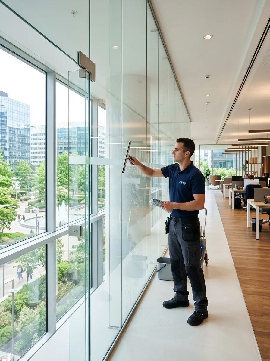 Lavage de vitres sur un bâtiment professionnel